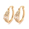 Brass Micro Pave Clear Cubic Zirconia Hoop Earrings, Leaf, Light Gold, 22x6mm