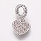 Brass Cubic Zirconia European Dangle Charms, Large Hole Pendants, Heart, Clear, Platinum, 16mm, Hole: 4.5mm, Pendant: 9x9x1.5mm