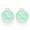Golden Plated Alloy Enamel Charms, Cadmium Free & Lead Free, Enamelled Sequins, Flat Round with Letter, Turquoise, Letter.X, 14x12x2mm, Hole: 1.5mm