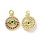 Brass Micro Pave Colorful Cubic Zirconia Pendants, Cadmium Free & Nickel Free & Lead Free, with Jump Ring, Flat Round with Eye Charms, Real 18K Gold Plated, 15x12x3mm, Hole: 3.2mm
