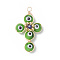 Brass Wire Wrapped Handmade Evil Eye Lampwork Pendants, with Glass Beads, Cross Charm, Olive Drab, 40x24x8.5mm, Hole: 3mm