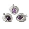 Natural Amethyst Teardrop Pendants, Wing Charms, with Rack Plating Platinum Plated Brass Findings, Lead Free & Cadmium Free, 36x34x8~8.5mm, Hole: 8x5mm