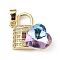 Real 18K Gold Plated Rack Plating Brass Micro Pave Clear Cubic Zirconia Pendants, with Glass, Long-Lasting Plated, Cadmium Free & Lead Free, Lock with Heart Charm, Orchid, 23x19x8mm, Hole: 5x3.2mm