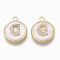 Brass Micro Pave Cubic Zirconia Pendants, with Shell, Flat Round with Letter, Nickel Free, Clear, Creamy White, Real 18K Gold Plated, Letter.G, 17x14x4mm, Hole: 1.8mm