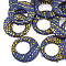 Handmade Raffia Woven Pendants, with Iron & Aluminum Findings and Metallic Cord, Flat Round, Platinum, Dark Blue, 43.5x40.5x5mm, Hole: 1.2mm