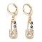 Real 18K Gold Plated Brass Dangle Leverback Earrings, with Enamel and Cubic Zirconia, Safety Pin with Evil Eye, Blue, 36.5x8mm