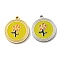 304 Stainless Steel Pendants, with Enamel, Flat Round with Flower Charm, Real 14K Gold Plated, 16x14x1.5mm, Hole: 1.2mm