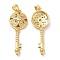 Brass Micro Pave Cubic Zirconia Pendants, Lead Free & Cadmium Free, Skeleton Key with Clover Charms, Real 18K Gold Plated, 35.5x13x5mm, Hole: 5.5x3mm