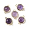 Brass Pave Natural Amethyst Faceted Flat Round Connector Charms, Rack Plating, Long-Lasting Plated, Golden, 12x17.5x5.5mm, Hole: 1.4mm