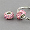 Polymer Clay Grade A Rhinestone Rondelle European Beads, with Double Brass Silver Color Plated Core, Large Hole Beads, Light Rose, 12x7mm, Hole: 5mm