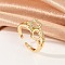 Hollow Double Heart Brass Micro Pave Clear Cubic Zirconia Open Cuff Rings for Women, Cadmium Free & Lead Free, Real 18K Gold Plated, 10.5mm, Inner Diameter: Adjustable