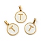 PVD Vacuum Plating 304 Stainless Steel with White Shell Pendants, Golden, Flat Round with Letter Charm, Letter.T, 18x16x1.5mm, Hole: 3x6mm