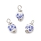 Handmade Flower Printed Porcelain Ceramid Pendants, Round, with Tibetan Style Alloy, Antique Silver & Platinum, 16x8mm