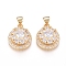 Brass Micro Pave Cubic Zirconia Pendants, Long-Lasting Plated, Flat Round with Flower, Flower Able Rotate, Golden, Clear, 17.5x14.5x8mm, Hole: 4x3.5mm