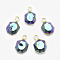 Electroplate Natural Druzy Agate Pendants, with Brass Findings, Faceted, Heptagon, Golden, Marine Blue, 16x10.5x4.5mm, Hole: 2.5mm