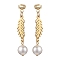 304 Stainless Steel Leaf Dangle Stud Earrings, with Shell Pearl, Golden, 41x8mm