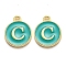 Golden Plated Alloy Enamel Charms, Enamelled Sequins, Flat Round with Alphabet, Letter.C, Green, 14x12x2mm, Hole: 1.5mm