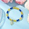 Baking Painted Imitation Jade Glass Round Beaded Charm Bracelets, with Faceted Glass Heart Charms & Brass Rhinestone Spacer Beads, Yellow, Inner Diameter: 2-1/8 inch(5.5cm)