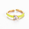 Brass Enamel Cuff Rings, Open Rings, Solitaire Rings, with Clear Cubic Zirconia, Nickel Free, Heart, Golden, Yellow, US Size 7(17.3mm)