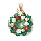 Glass Pendants, Christmas Wreath, with Brass & Shell Pearl & Natural Carnelian Round Beads & 304 Stainless Steel Loop, Faceted, Colorful, 27x24x7mm, Hole: 6x3mm