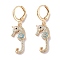 Real 18K Gold Plated Brass Dangle Leverback Earrings, with Cubic Zirconia, Sea Horse, Light Blue, 36.5x10.5mm