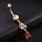 Piercing Jewelry, Brass Cubic Zirconia Navel Ring, Belly Rings, with 304 Stainless Steel Bar, Cadmium Free & Lead Free, Real 18K Gold Plated, teardrop, Red, 50x8mm, Bar Length: 3/8