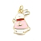 Brass Enamel Pendants, Rabbit Charms, Lead Free & Cadmium Free, Rack Plating, Long-Lasting Plated, with Jump Ring, Real 18K Gold Plated, Pink, 19.5x12x2.5mm, Hole: 3mm