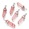 Cherry Quartz Glass Pointed Pendants, with Platinum Tone Random Alloy Pendant Hexagon Bead Cap Bails, Bullet, 36~40x12mm, Hole: 3x4mm, Gemstone: 8mm in diameter