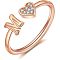 Adjustable Brass Rhinestone Cuff Rings, Letter & Heart, Rose Gold, Letter M, Inner Diameter: 15~20mm