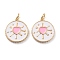 Real 18K Gold Plated Brass Enamel Pendants, Long-Lasting Plated, With Jump Rings, Flat Round with Heart, Pink, 18x16x1.5mm, Hole: 3mm, Jump Ring: 5x1mm