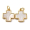 Brass Pave Natural White Shell Cross Pendants, Rack Plating, Long-Lasting Plated, Cadmium Free & Lead Free, Real 18K Gold Plated, 15.5x13x2mm, Hole: 3.5mm