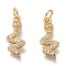 Brass Micro Pave Clear Cubic Zirconia Pendants, Long-Lasting Plated, with Jump Ring, Snake, Golden, 15.5x6.5x2mm, Jump Ring: 5x1mm, 3mm Inner Diameter