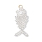 Glass Seed Beaded Fish Pendants, with Round Shell Pearl Bead & 304 Stainless Steel Open Jump Rings Loop, White, 34.5x16x6mm, Hole: 3mm