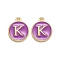 Golden Plated Alloy Enamel Charms, Enamelled Sequins, Flat Round with Alphabet, Letter.K, Purple, 14x12x2mm, Hole: 1.5mm