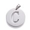 Non-Tarnish 201 Stainless Steel Pendants, Flat Round with Letter, Stainless Steel Color, Letter C, 20x1.3mm, Hole: 4x3mm