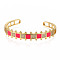 Brass Micro Pave Clear Cubic Zirconia Cuff Bangles, with Enamel, Nickel Free, Square, Real 16K Gold Plated, Camellia, Inner Diameter: 2-3/8x2 inch(5.9x4.5cm)