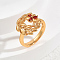 Brass Pave Cubic Zirconia Finger Rings for Women, Leaf, Golden, Red, 16mm, US Size 7(17.3mm)