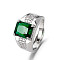 Rectangle Brass Micro Pave Cubic Zirconia Finger Rings for Men, Platinum, Dark Green, US Size 7(17.3mm)