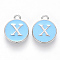 Platinum Plated Alloy Enamel Charms, Cadmium Free & Lead Free, Enamelled Sequins, Flat Round with Letter, Sky Blue, Letter.X, 14x12x2mm, Hole: 1.5mm