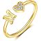 Adjustable Brass Rhinestone Cuff Rings, Letter & Heart, Golden, Letter M, Inner Diameter: 15~20mm