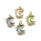 Brass Micro Pave Clear Cubic Zirconia with Glass Charms, Moon, Cadmium Free & Lead Free, Long-Lasting Plated, Rack Plating, with Jump Ring, Mixed Color, 13.5x11.5x3mm, Hole: 3.5mm