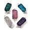 Natural Dyed Quartz Crystal Links Connector Charms, with Brass Findings, Rectangle, Silver Color Plated, Mixed Color, 29.5~41x14.5~15.5x6.5~9.5mm, Hole: 2.5mm