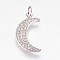 Brass Micro Pave Cubic Zirconia Pendants, Moon, Platinum, 19x11x2mm, Hole: 2.5mm