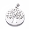 Non-Tarnish 304 Stainless Steel Pendants, Cut-Out, Hollow, Flat Round with Tree, Stainless Steel Color, 30x27.5x1mm, Hole: 3x5mm