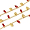Brass Flat Round Link Chains, with Glass, Rack Plating, Long-Lasting Plated, Lead Free & Cadmium Free, Real 18K Gold Plated, Soldered, with Spool , Dark Red, 3x2x0.5mm and 8.5x5x2.5mm and 9x3.7mm