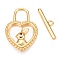 Brass Toggle Clasps, Cadmium Free & Nickel Free & Lead Free, with Shell, Heart with Rabbit, Real 18K Gold Plated, 21.5x14.5x3mm, Hole: 6.5x5mm, Bar: 4.5x17x2mm, Hole: 1.5mm