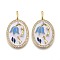 Brass Micro Pave Clear Cubic Zirconia Pendants, with Enamel, Long-Lasting Plated, Flat Oval with Flower, Golden, Blue, 30x18x2mm, Hole: 5.5x3mm