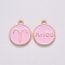 Alloy Enamel Pendants, Cadmium Free & Lead Free, Flat Round with Constellation, Light Gold, Pink, Aries, 15x12x2mm, Hole: 1.5mm