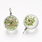 Glass Pendants, with Dry Flower and Brass Findings, Platinum, Round, Light Green, 30.5x19.5x17.5mm, Hole: 3x5mm