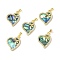 Abalone Shell/Paua Shell Pendants, with Brass & Glass Findings, Asymmetrical Heart with Bowknot Charm, Real 18K Gold Plated, 20.5x16x2.5mm, Hole: 4.5x2mm